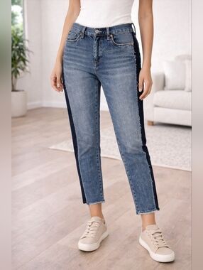 BLANKNYC Crop Girlfriend Jeans Women 29 High Rise Side Stripe Distressed Denim